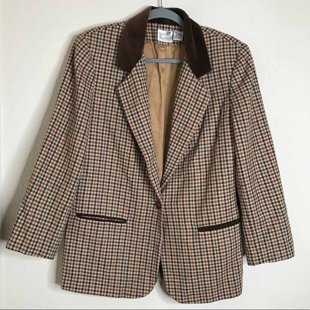 Vinatge brown gingham print velvet‎ collar blazer